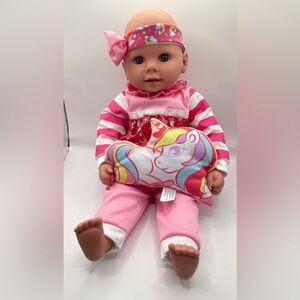 Pink Striped Baby Doll with Unicorn Pillow